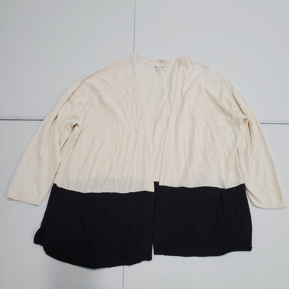 J Jill Cardigan Sweater Womens 2X Ivory Black Colorblock Open Front Pockets Knit